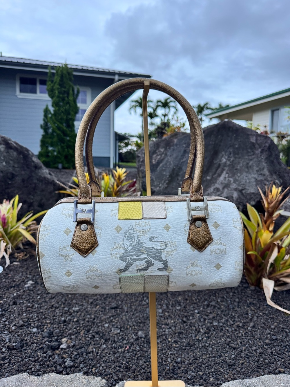 Vintage MCM München White Visetos Boston Barrel Bag Lion Crest